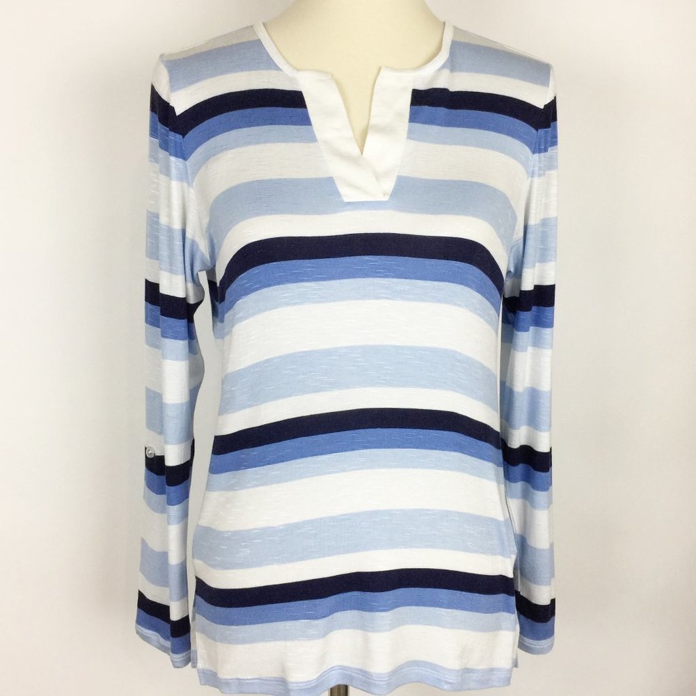 Lea & Nicole Striped V Neck Long Sleeve Shirt Womens Size Small Blue‎ White